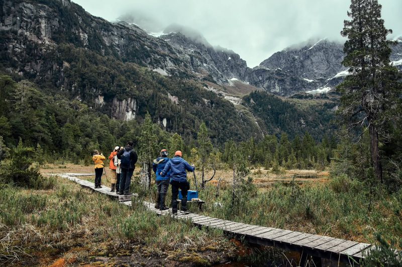 Grupo caminando por una pasarela de madera en un valle con montañas nevadas al fondo
